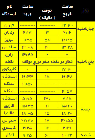 برنامه حركت قطار تهران _آنكارا